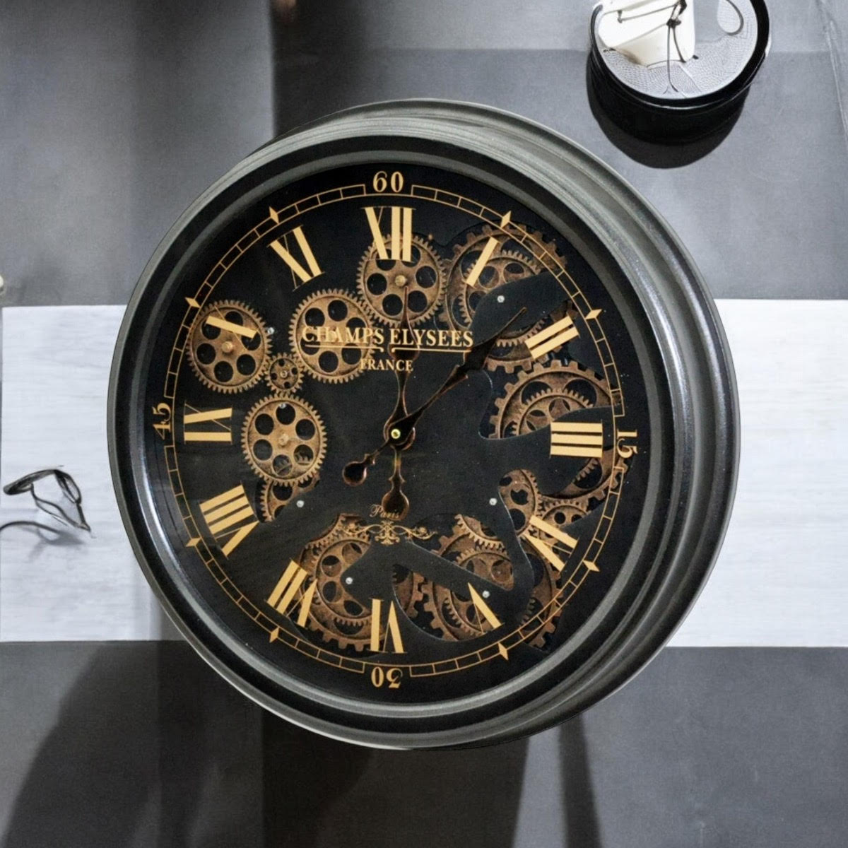 MSL 52cm Industrial Roman Numeral Wall Clock with Moving Gears – Battery Quartz Decorative Timepiece, Black