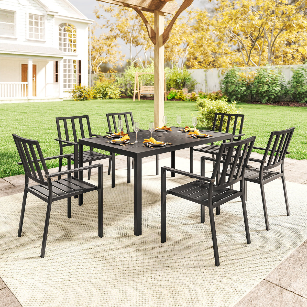 Outsunny 7-Piece Garden Dining Set with 6 Stackable Armchairs & Metal Table – Umbrella Hole, Black