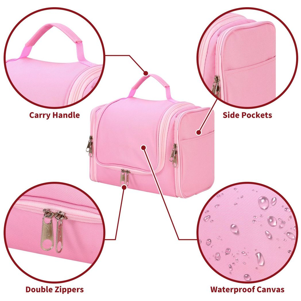 Vinsani Hanging Toiletry Bag with Double Zips, Mesh Pockets & Elastic Loops – Compact Travel Wash Bag, Pink