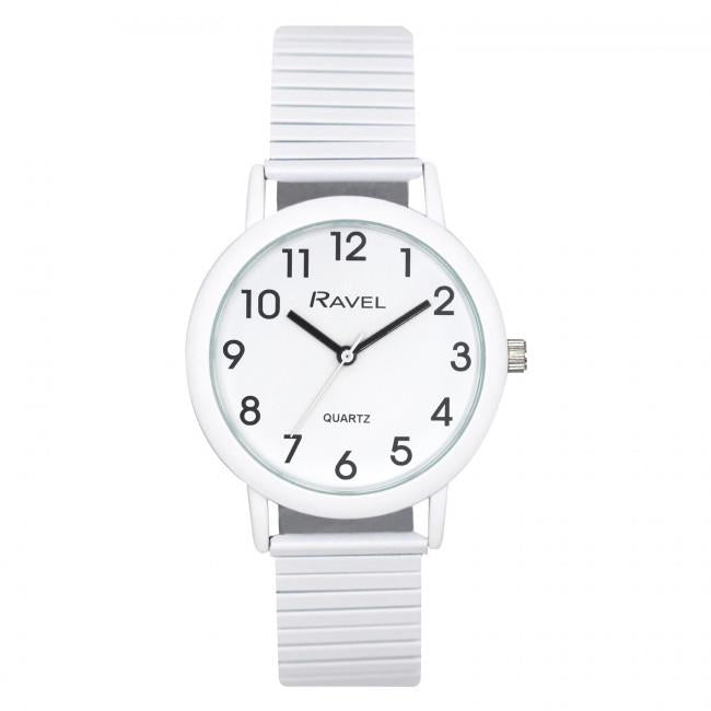 Ravel Unisex Large Size Coloured Expander Bracelet Watch – Stretch Strap Wristwatch, Pastel White