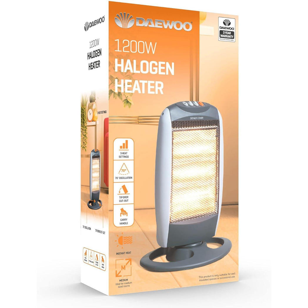 Daewoo 1200W Oscillating Halogen Heater – Instant Warmth for Bedrooms, Offices and Conservatories (HEA1416)