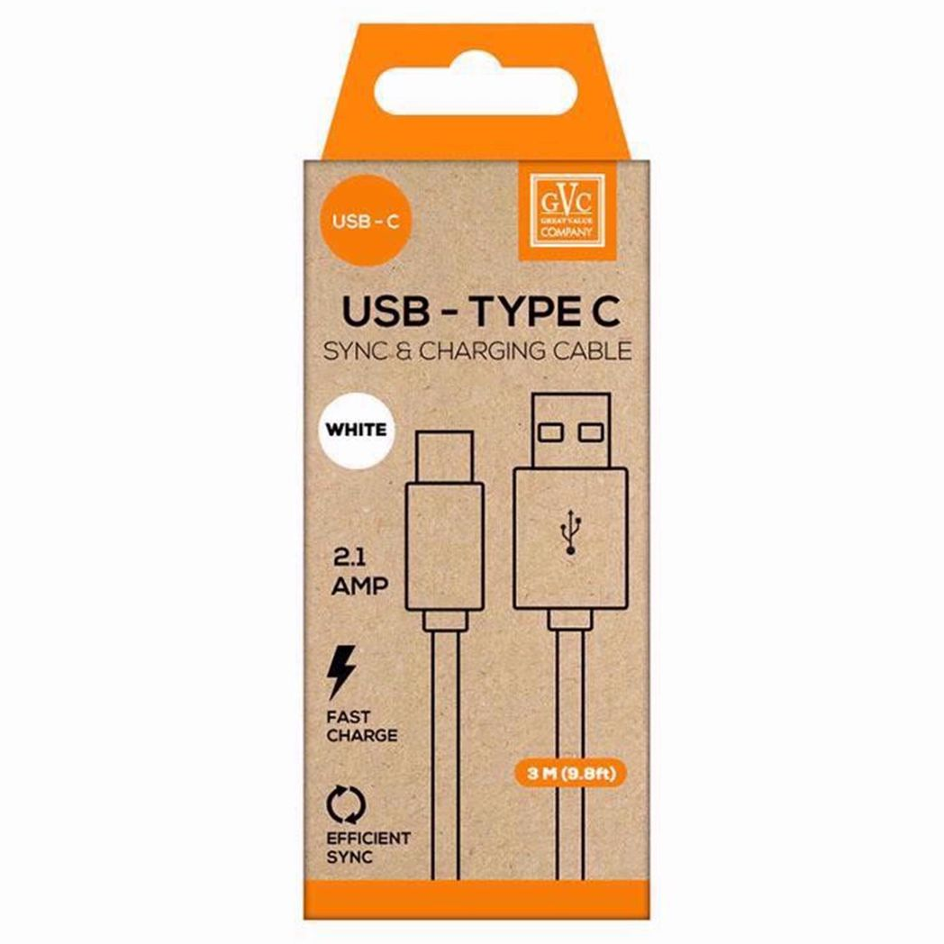 GVC USB to Type C Cable, 3m – Fast Charging and Data Syncing for Phone, Pad and PC, White