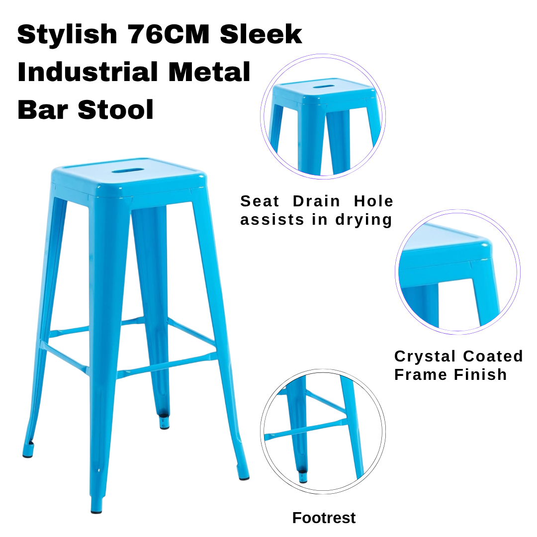 AcaciaHome 76 cm Industrial Metal Bar Stool with Steel Frame – Seating for Kitchen Islands and Home Bars, Blue