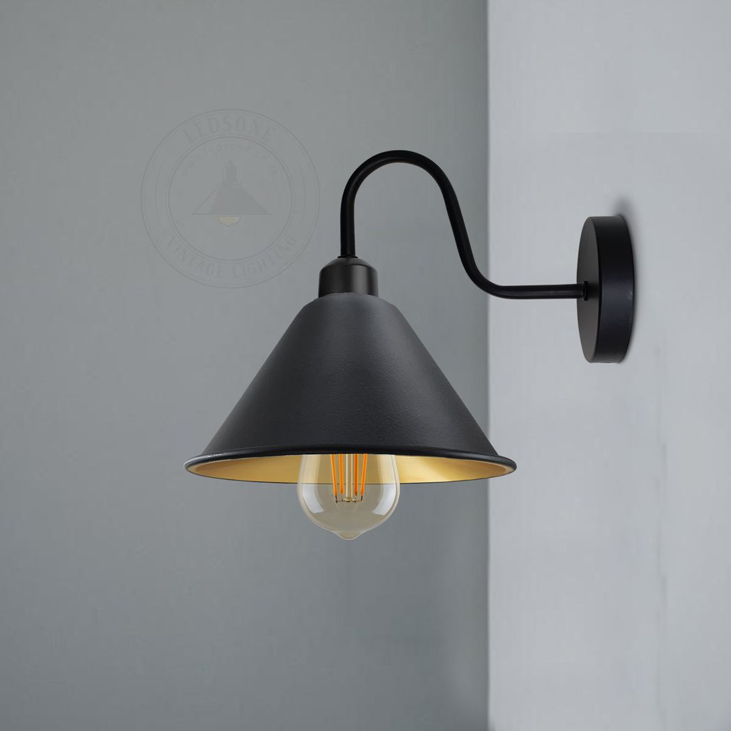 Vintage Cone Wall Light with Swan Neck Arm & E27 Socket – Dimmable Metal Sconce, Black and Gold
