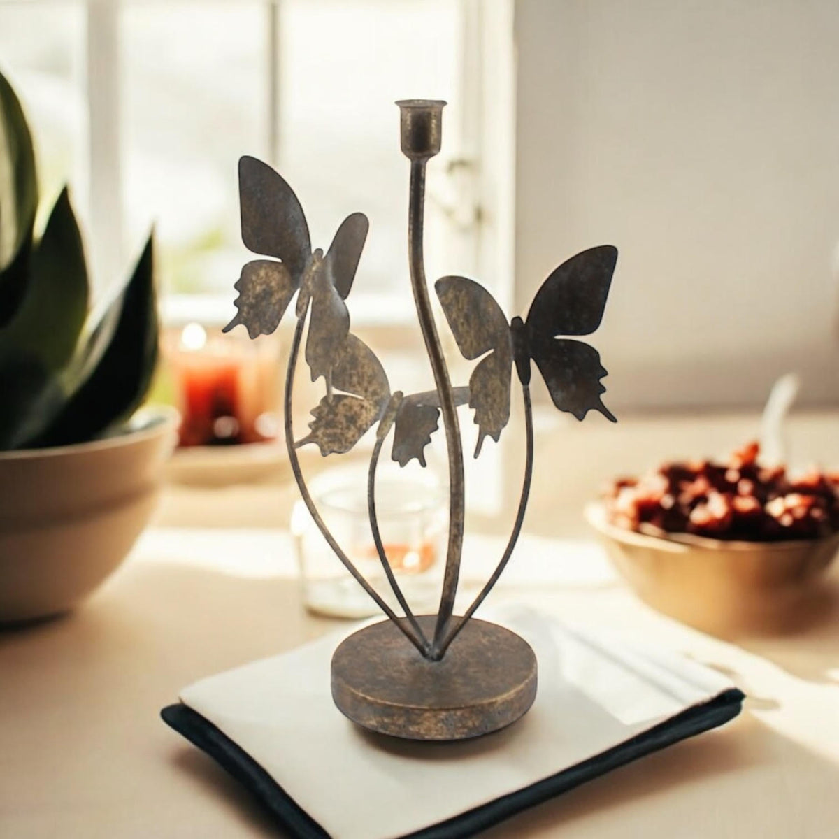 Butterfly Candle Holder 34cm – Gold Metal Art Deco Home Decor, Gift Boxed