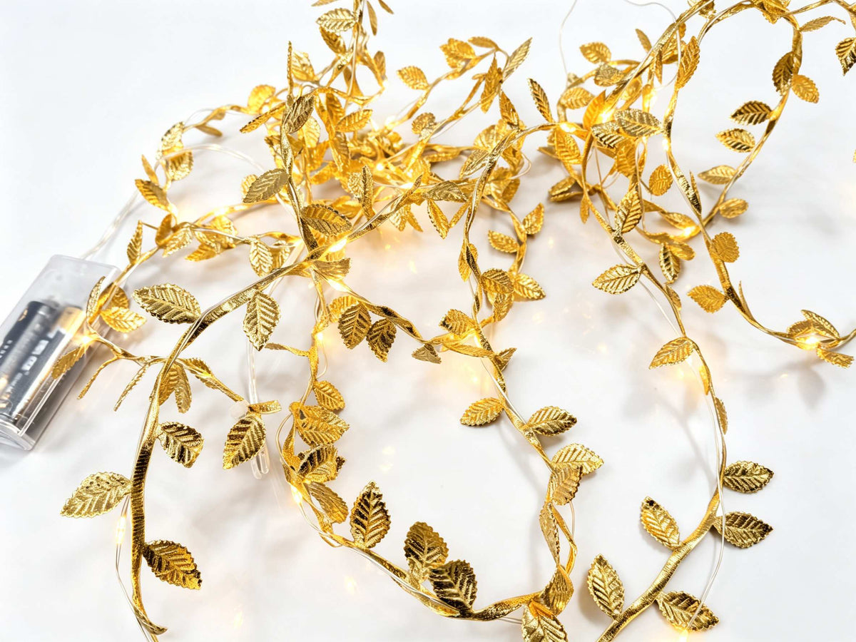 Avilo 4m Battery Operated String LED Lights with 40 Warm White LEDs – Gold Leaf Garland Decor