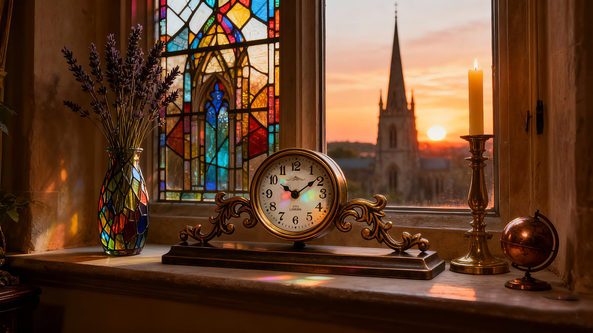 Avilo Regal Mantlepiece Table Top Clock in Iron and Glass – Elegant Mantel and Windowsill Decor