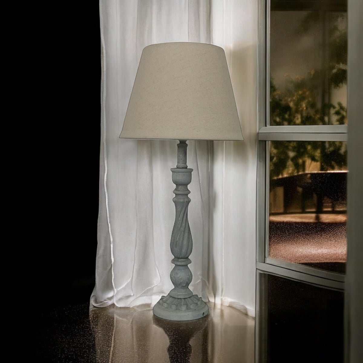 AcaciaHome Tall Washed Wood Table Lamp with Taupe Linen Shade – Shabby Chic & Farmhouse Lighting