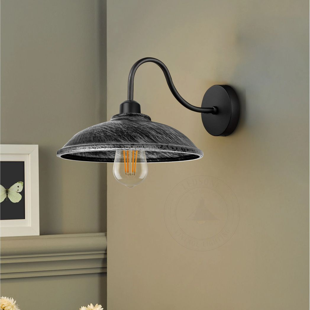 Vintage Hemisphere Wall Light with Swan Neck and E27 Socket – Dimmable Indoor Sconce, Brushed Silver