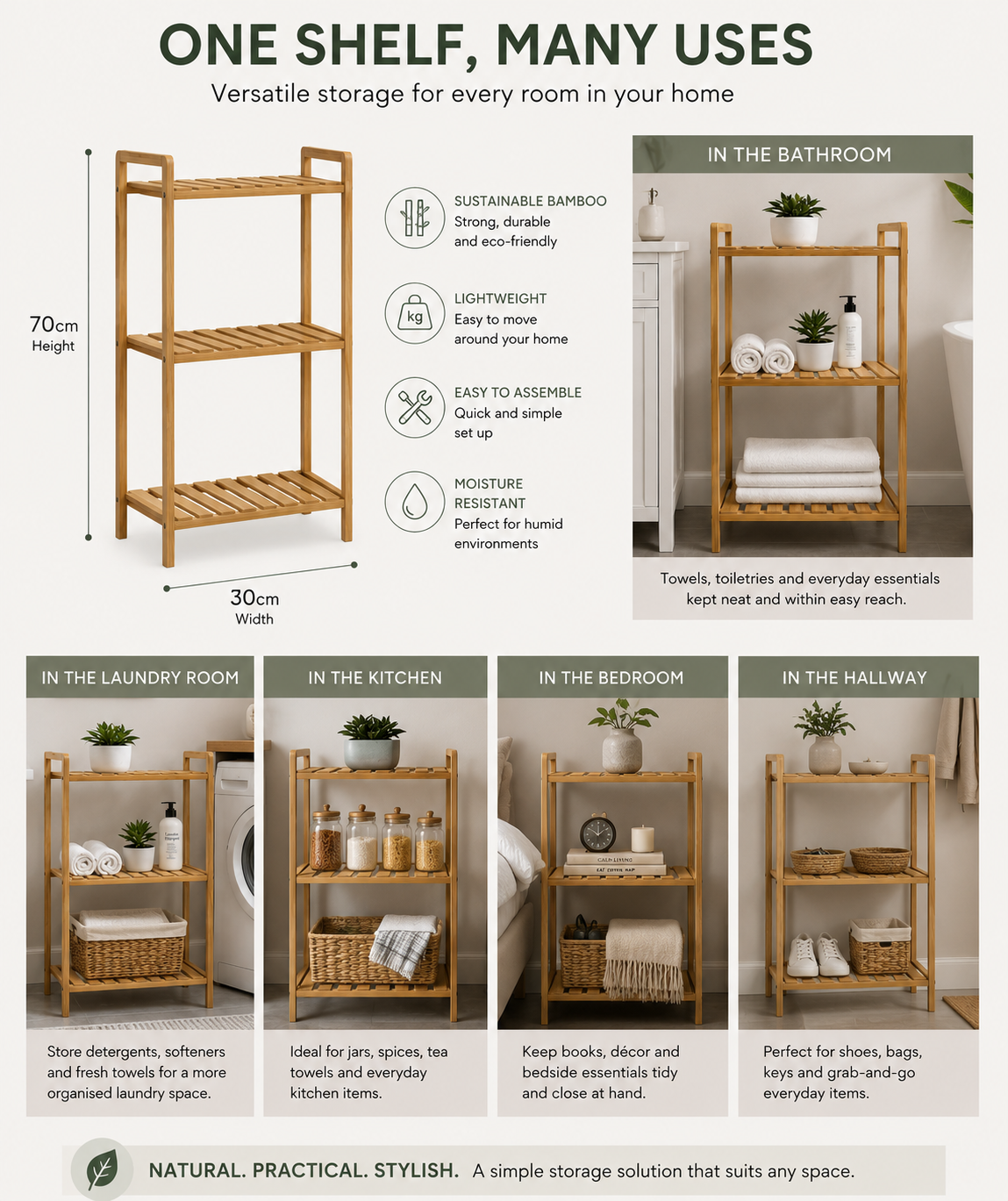 Avilo 3 Tier Bamboo Storage Shelf with Slatted Design – Freestanding Rack for Bathroom & Bedroom