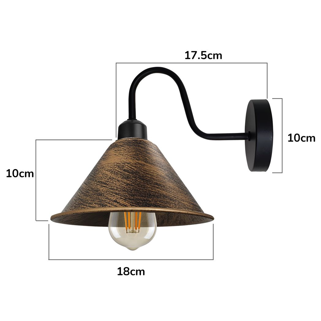 Vintage Cone Wall Light with Swan Neck and E27 Socket – Dimmable Indoor Sconce, Brushed Copper