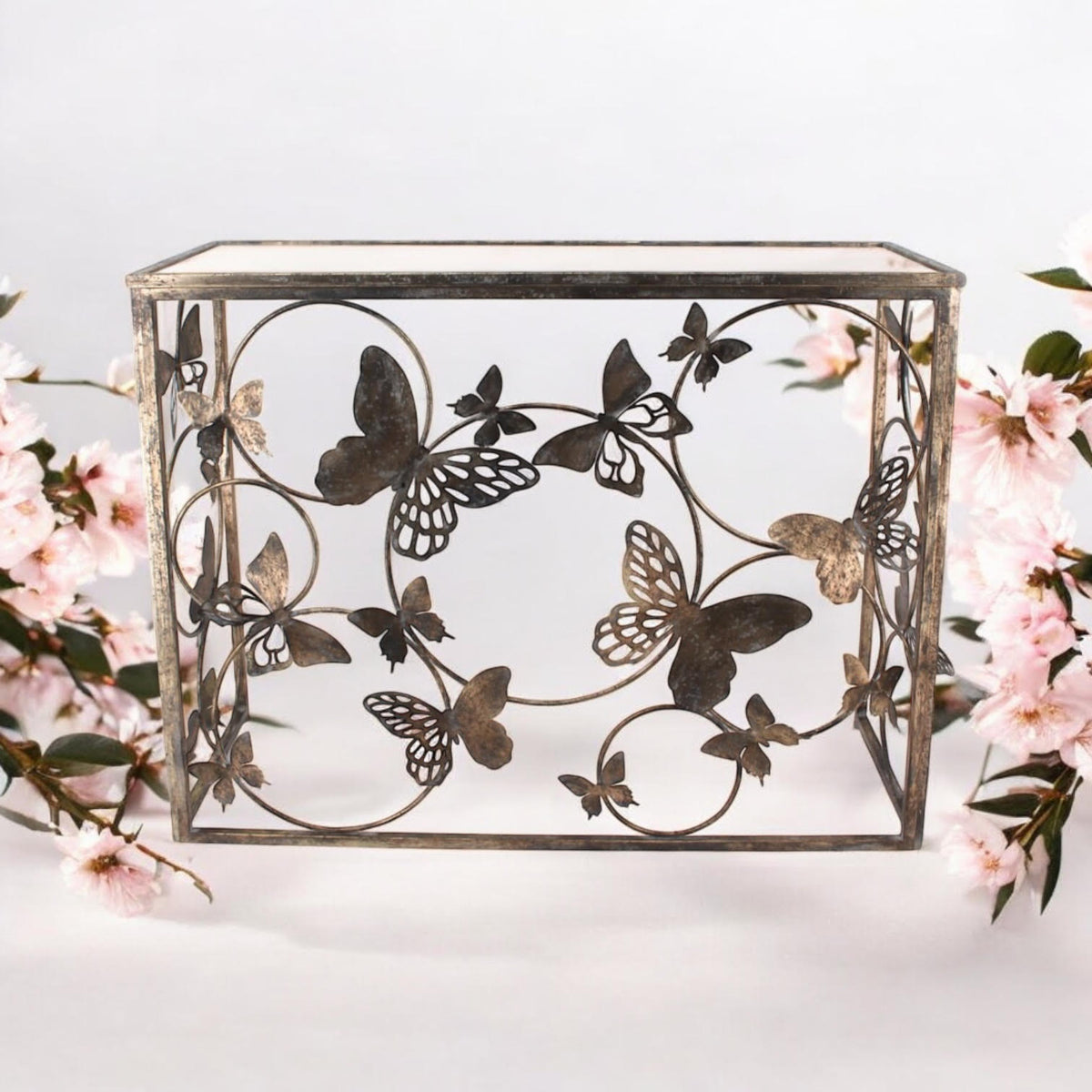 AcaciaHome Gold Butterfly Console Table with Glass Top – Art Deco Metal Sideboard for Living Room or Hallway
