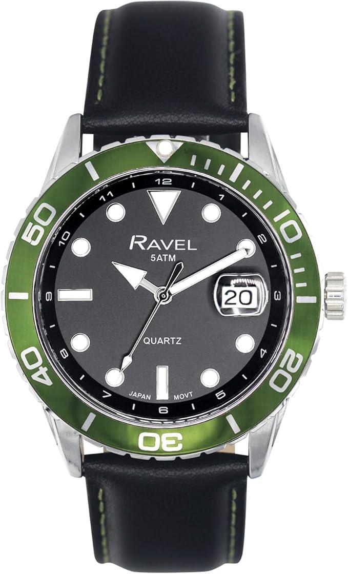 Ravel Men's 42mm Sports Watch – 5ATM, Date Dial, Rotating Bezel, Black Leather Strap