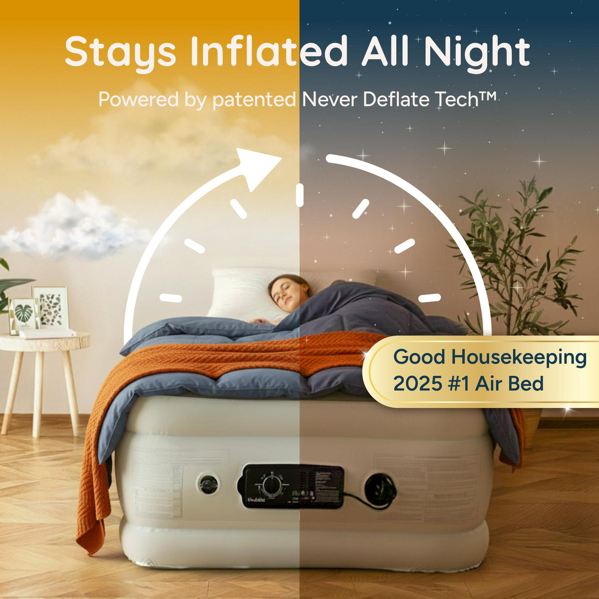 Huddle Never Deflate Air Bed with Dual-Action Pump, Comfort Dial & Nightlight – Single