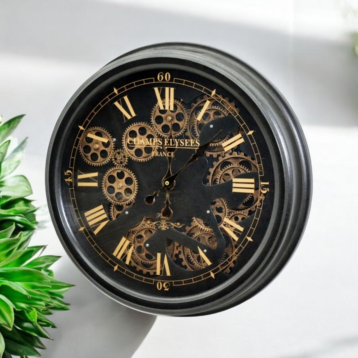 MSL 52cm Industrial Roman Numeral Wall Clock with Moving Gears – Battery Quartz Decorative Timepiece, Black