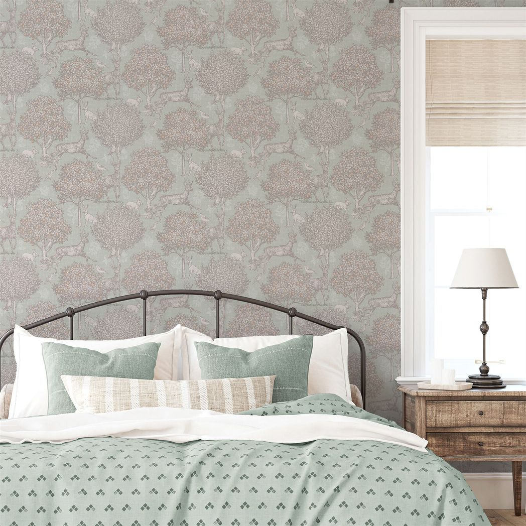 Arthouse Woodland Scene Wallpaper with Deer, Birds and Rabbits – Country Style Feature Wall, Sage Green