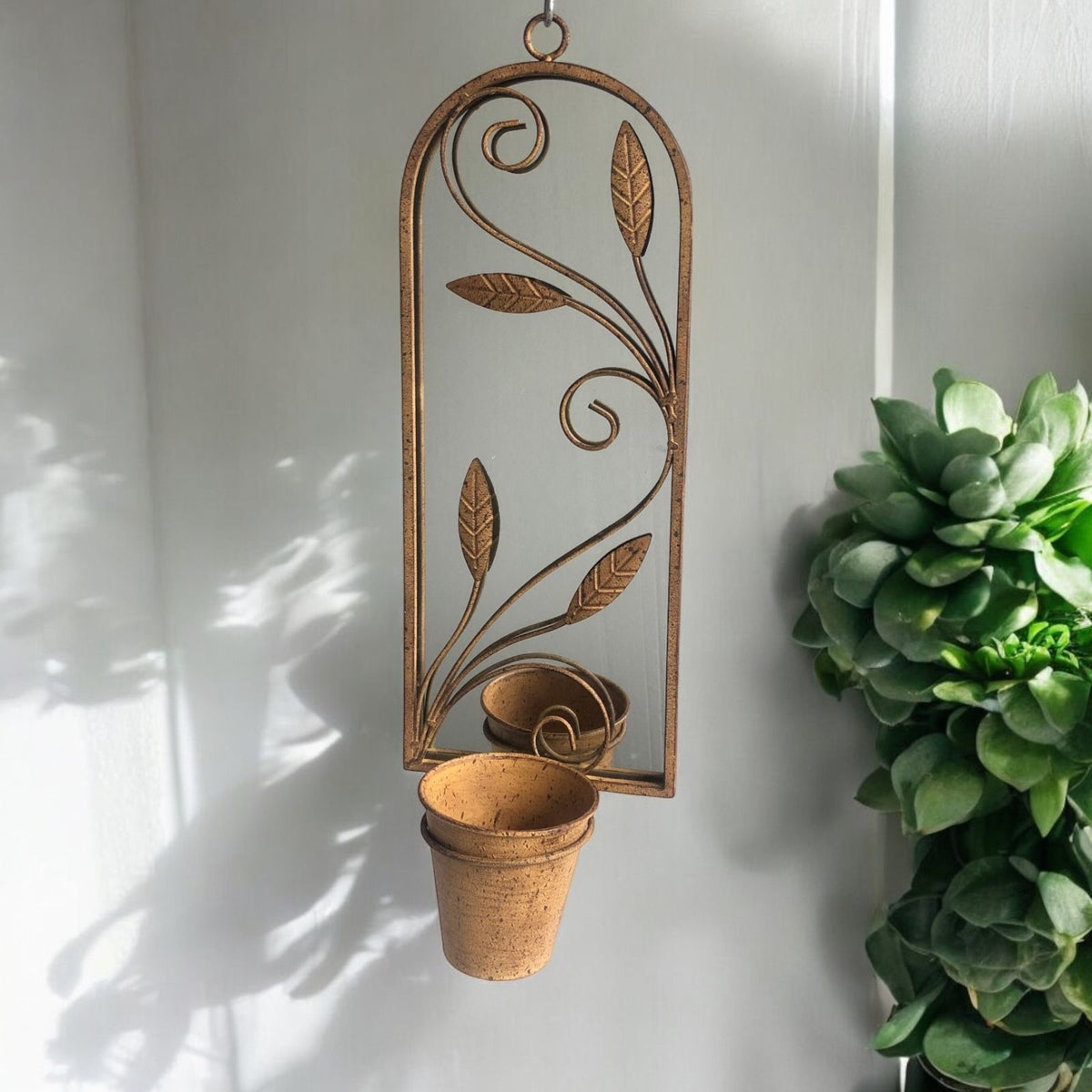 Rusty Arched 60cm Metal Garden Wall Mirror with Planter