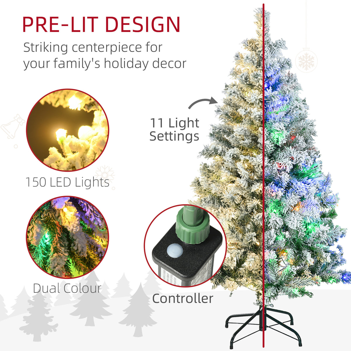 HOMCOM 4.5ft Artificial Flocked Christmas Tree with 150 LED Lights, Snow-Tipped Branches – Indoor Xmas Decor