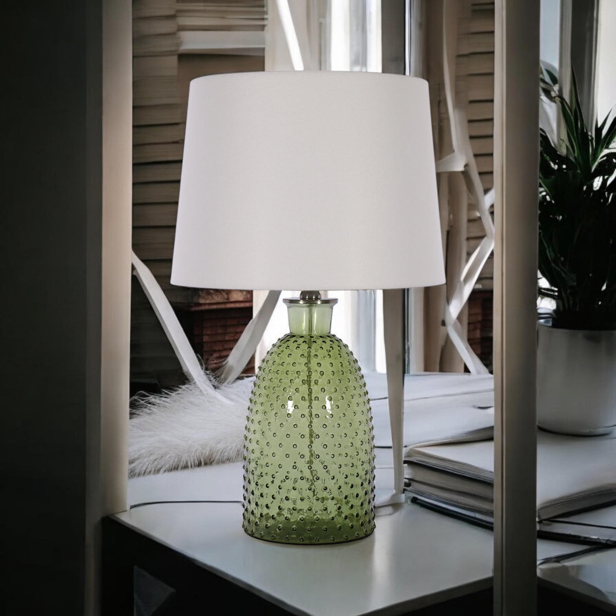 AcaciaHome Cream Ceramic Table Lamp with Drum Shade – Durable Striped Design, Handmade Shade