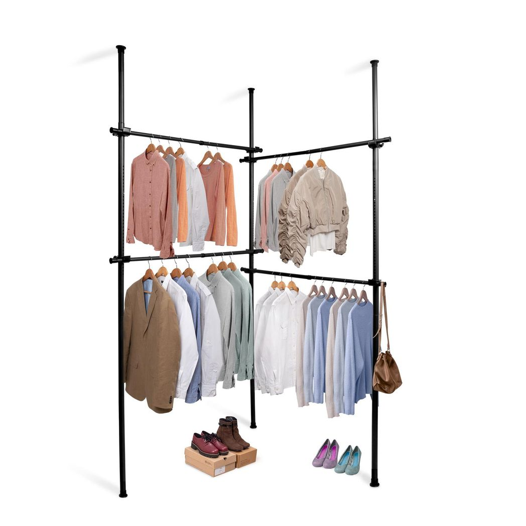 Double Telescopic Clothes Rail & Wardrobe Organiser with Shelving – Bedroom Storage, Black