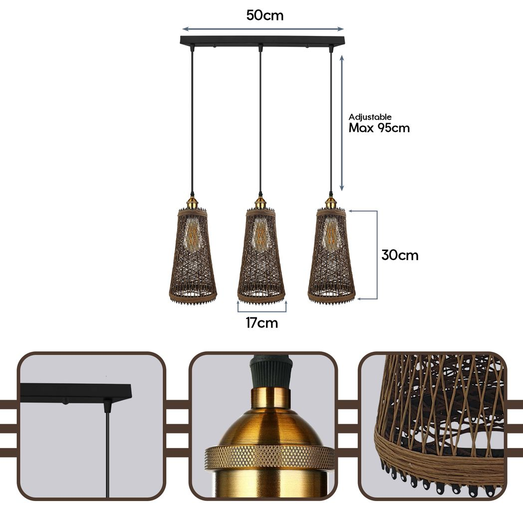 LEDSONE 3 Head Natural Wicker Basket Pendant Light with E27 Holders – Retro Industrial Rattan Ceiling Light