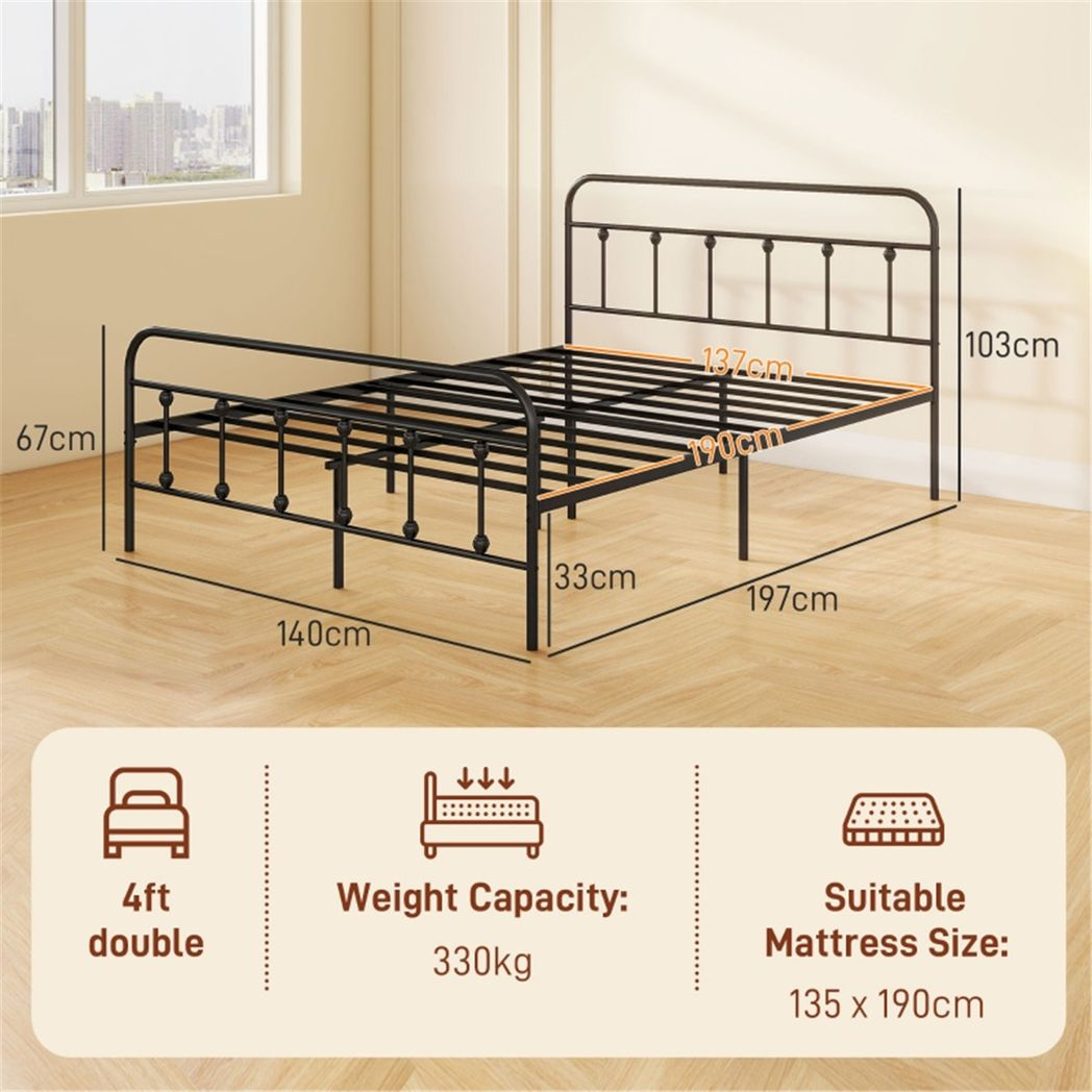 Double Metal Bed Frame with Built-In Slats – Sturdy Non-Squeak Frame for 140cm Mattress