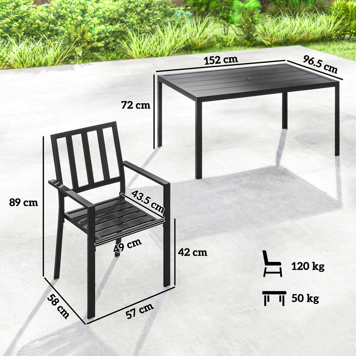 Outsunny 7-Piece Garden Dining Set with 6 Stackable Armchairs & Metal Table – Umbrella Hole, Black