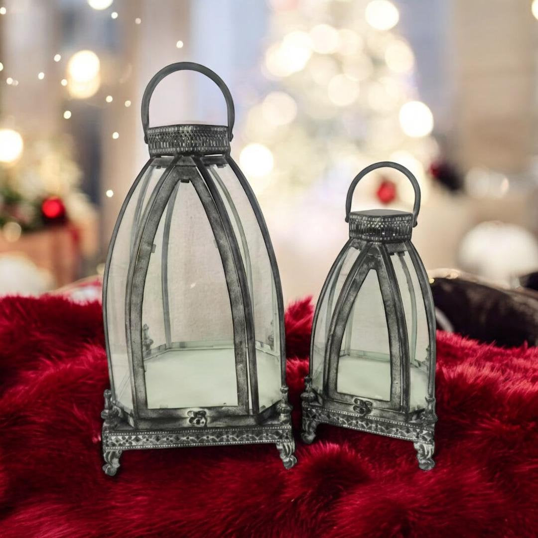 MSL Metal Tealight Lantern Holder Set of 2 – Art Deco Glass Candle Lanterns, Freestanding or Hanging, Gold