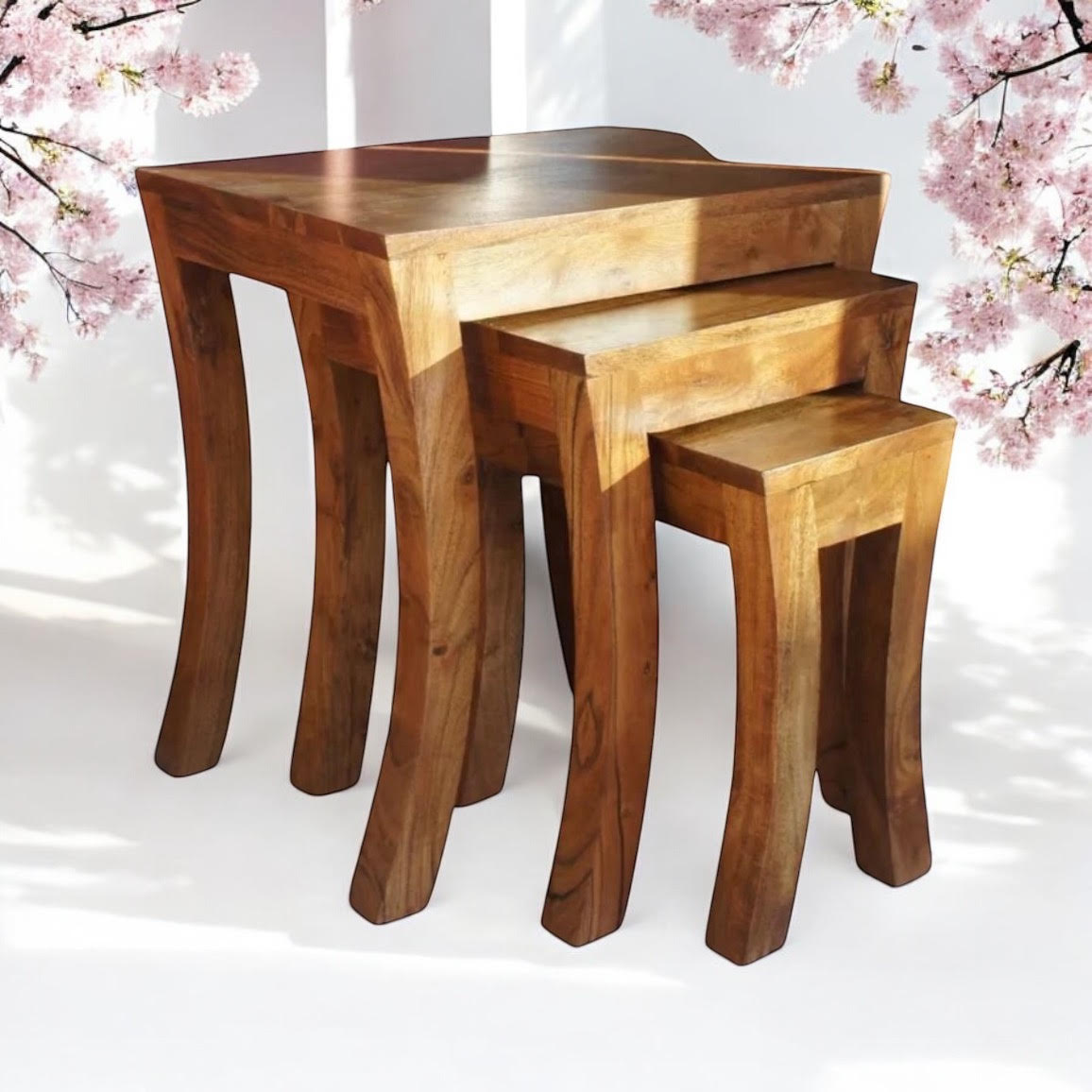 AcaciaHome Set of 3 Solid Wood Nesting Tables – Space-Saving Side Tables, Natural Finish