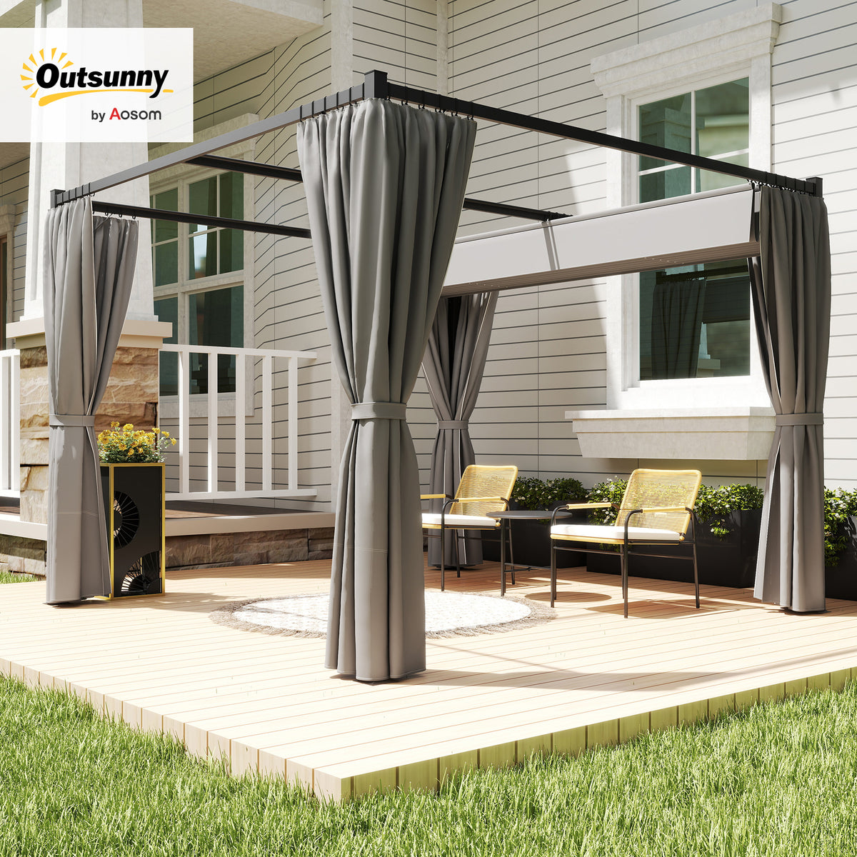 Outsunny 3x3m Retractable Pergola with PU Canopy & Privacy Curtains – Metal Frame Garden Shade, Light Grey