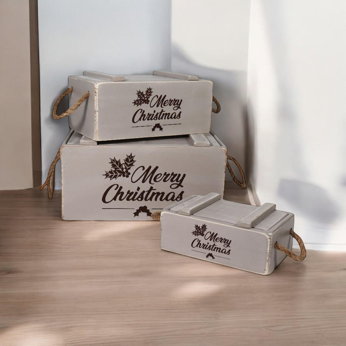 AcaciaHome Vintage Wooden Merry Christmas Storage Crate Set with Sturdy Handles – Festive Rustic Decor