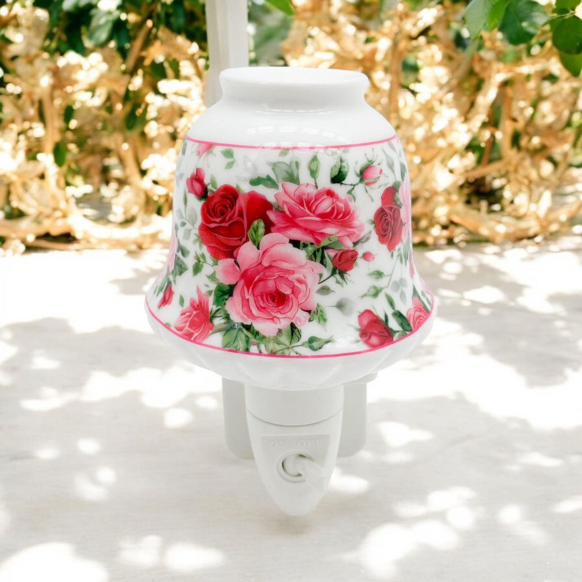 Ceramic Plug-In LED Night Light with Colourful Floral Design – Decorative Bedroom and Hallway Light, Pink