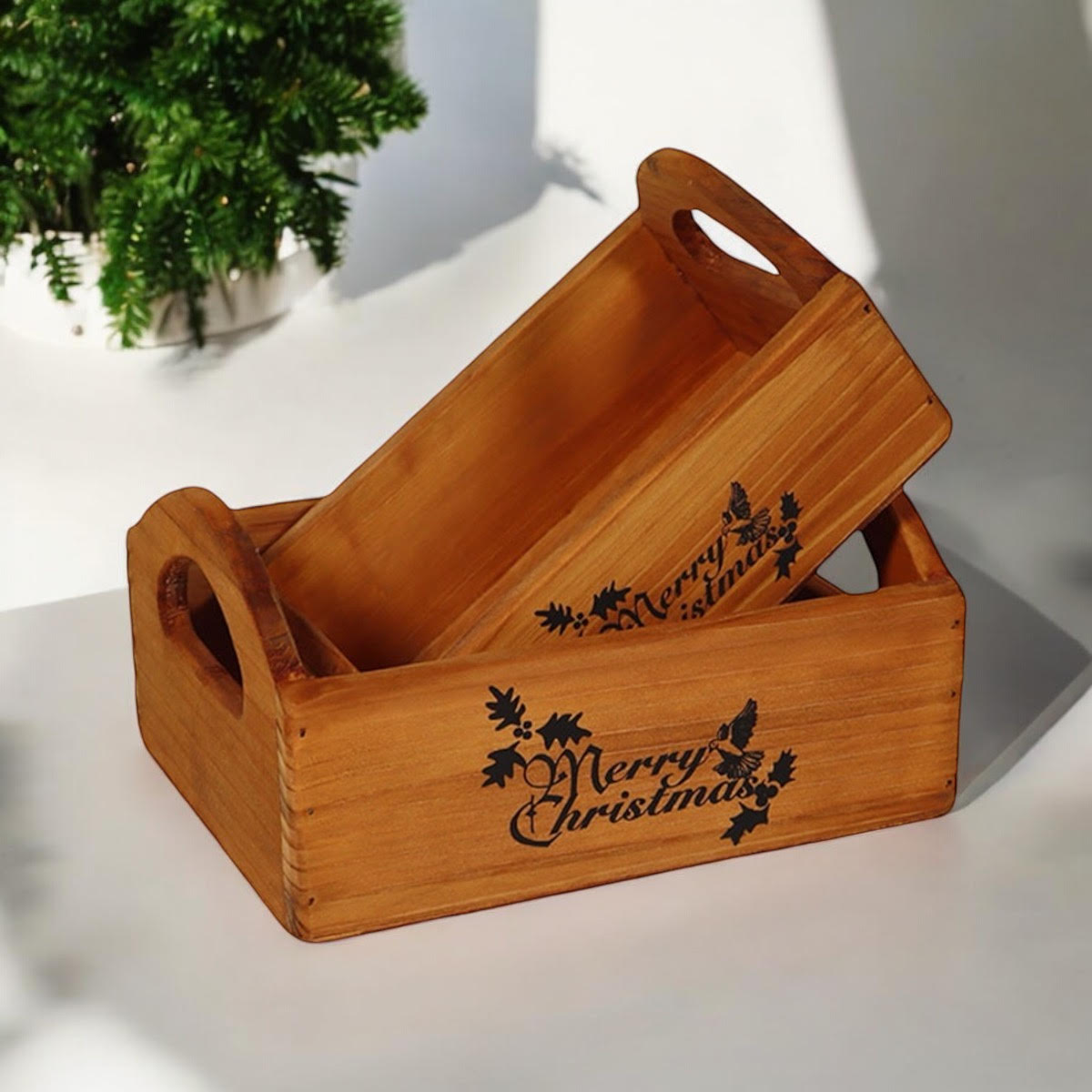 AcaciaHome Vintage 'Merry Xmas' Wooden Storage Crates, Set of 2 – Stackable with Handles, Brown