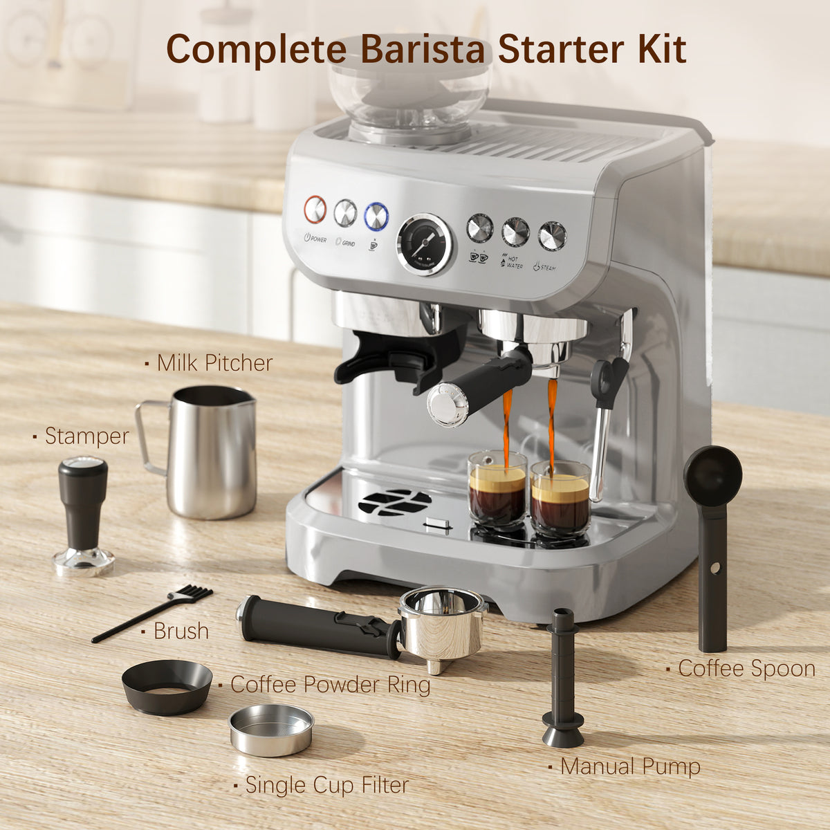 HOMCOM 15 Bar Espresso Machine with Bean Grinder & Steam Wand – Cup Warmer, Silver