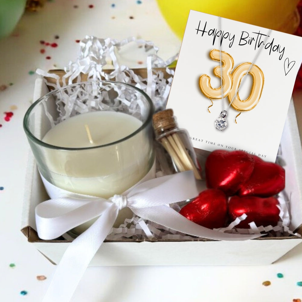 30th Birthday Gift Hamper – Cubic Zirconia Sterling Silver Necklace, Milk Chocolates & Linen Scented Candle