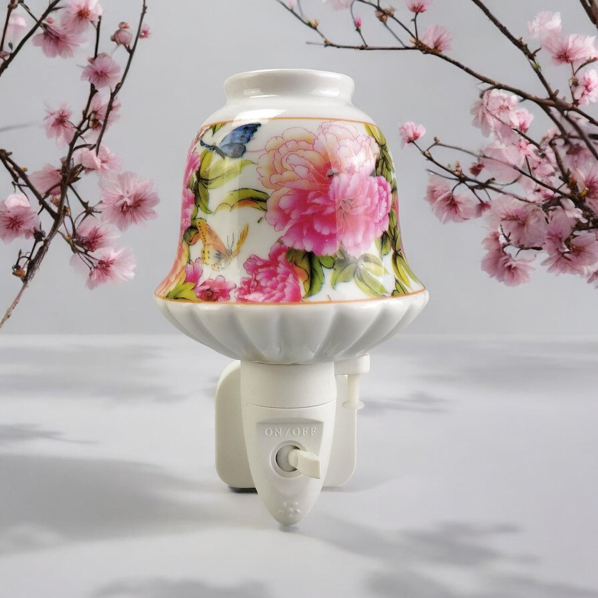 AcaciaHome Ceramic Plug-In LED Night Light with Colourful Floral Design – Bedroom and Hallway Light, Pink
