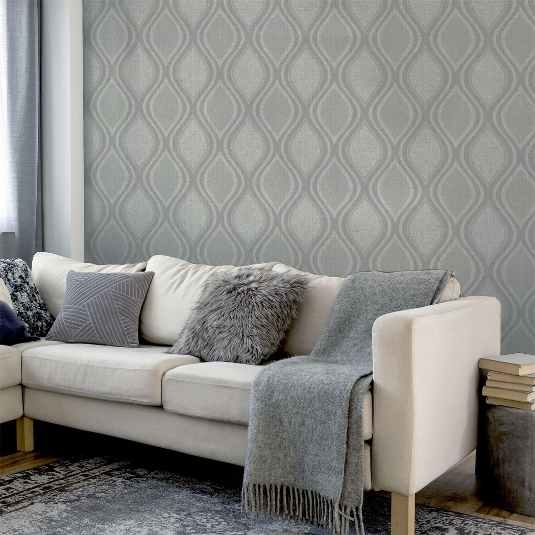 Arthouse Curve Heavyweight Vinyl Wallpaper with Teardrop Design & Metallic Shimmer – Strippable, Grey