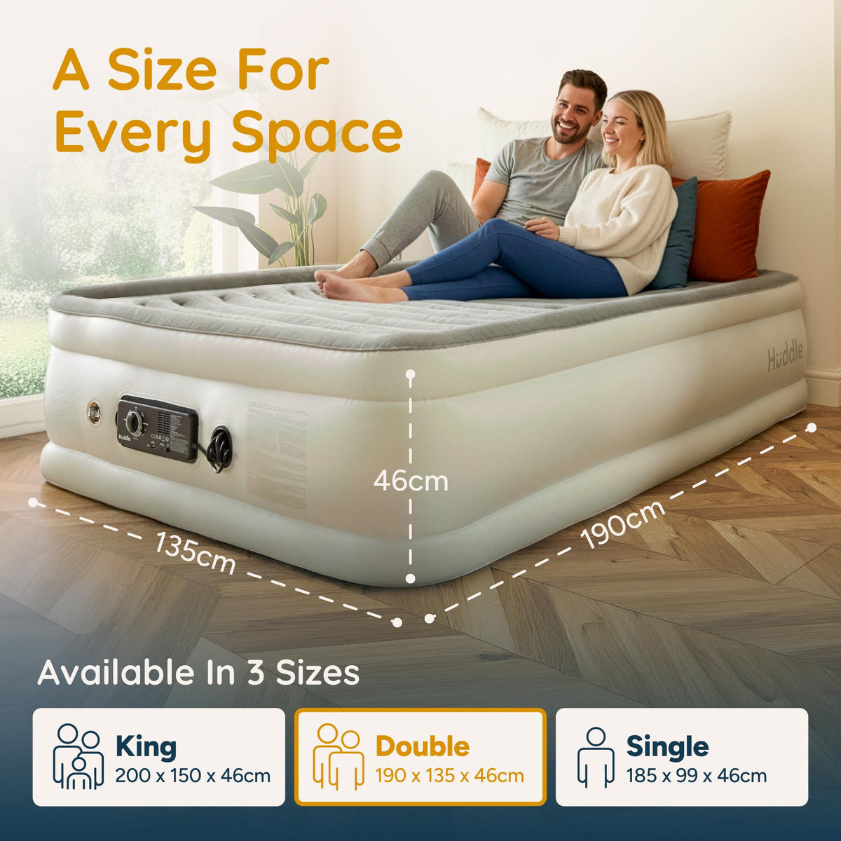 Huddle Never Deflate Air Bed with Dual-Action Pump, Comfort Dial & Nightlight – Double