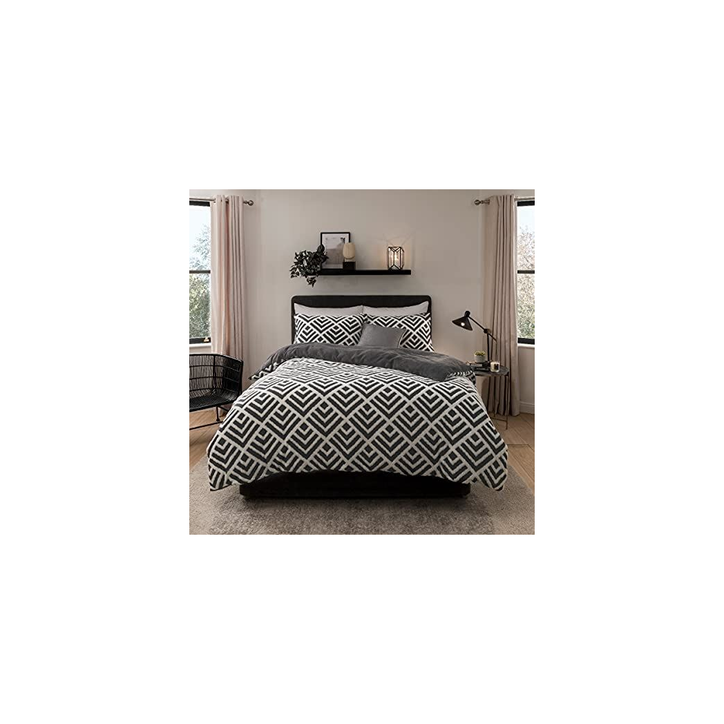 Sleepdown Geometric Jacquard Fleece Duvet Cover Set with 2 Pillowcases – Modern Bedding, Charcoal, Super King