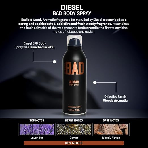 Diesel Bad Body Spray 200ml – Spicy Woody Aromatic Fragrance for Men