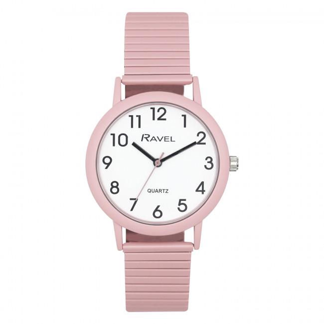 Ravel Unisex Large Size Coloured Expander Bracelet Watch – Stretch Strap Wrist Watch, Pastel Pink