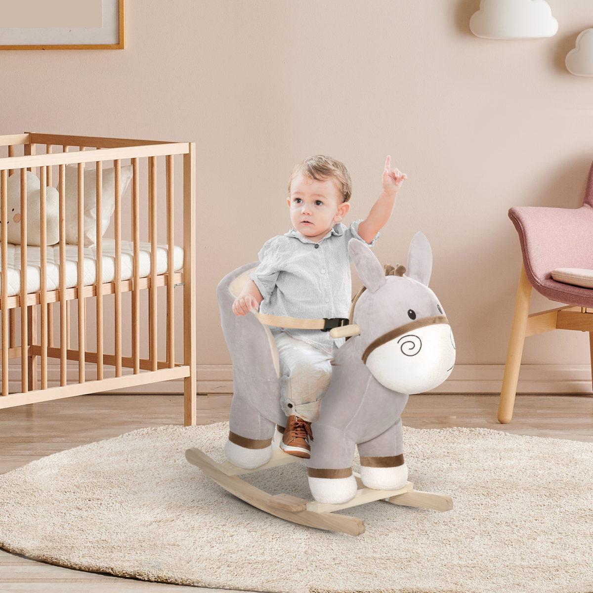 Kids Plush Donkey Rocking Horse with Steel Frame, Seat Belt & Footrest – Ride-On Toy for 18-36 Months, Grey