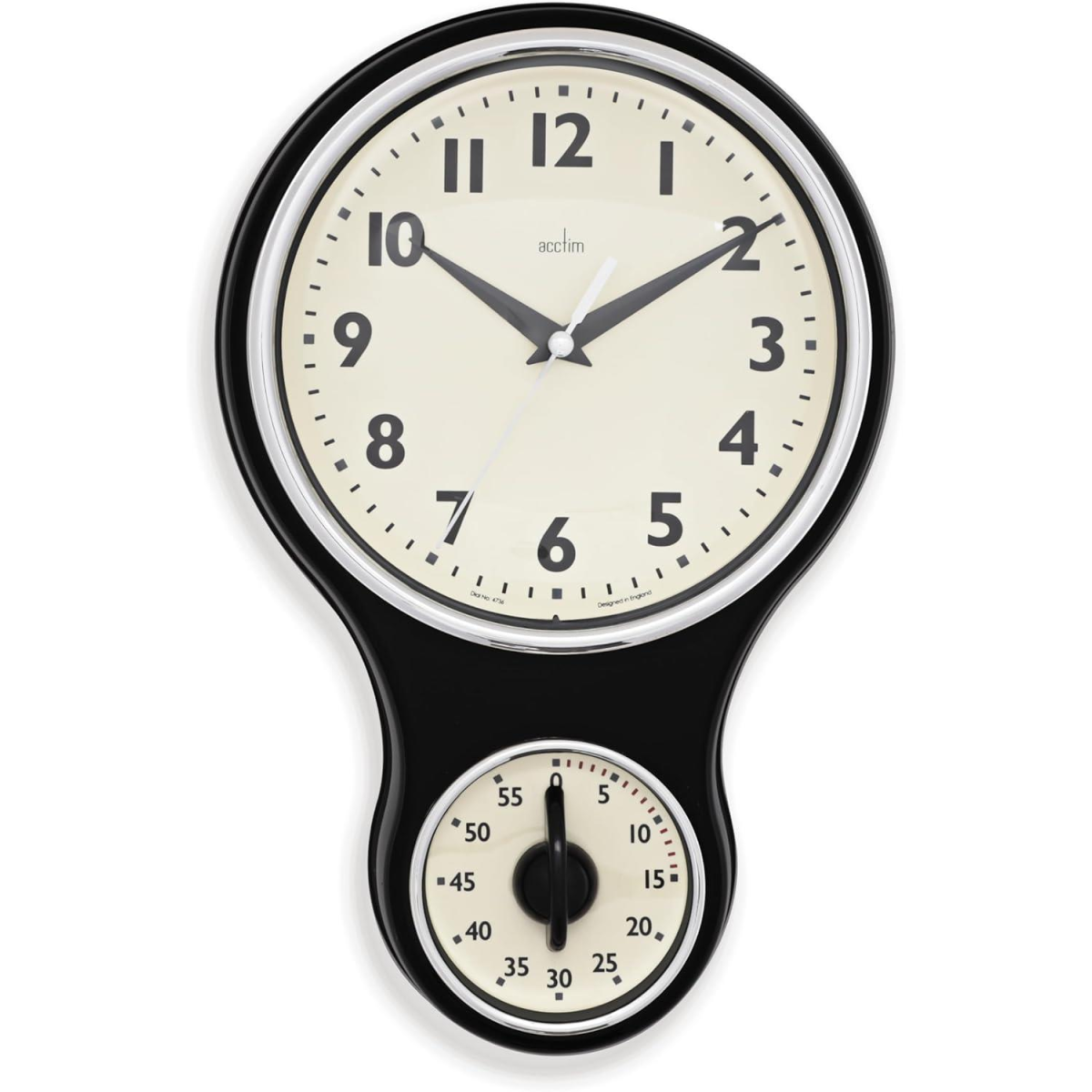 Acctim Kitchen Time 20cm Timer Quartz Retro Style Domed Glass Lens Black Wall Clock