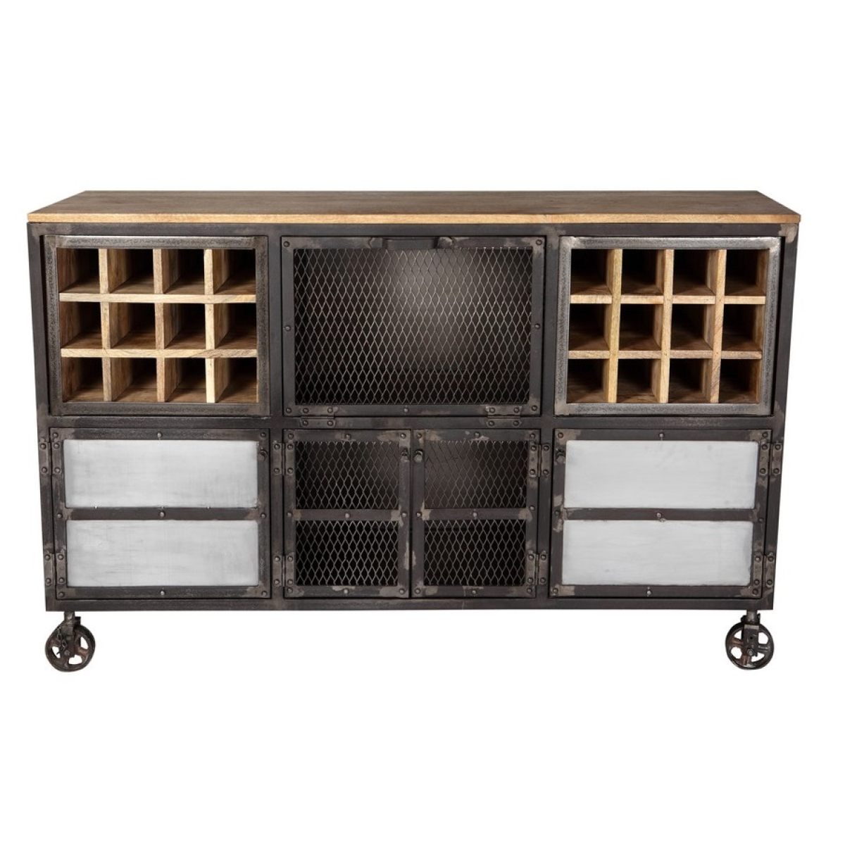 Evoke Industrial Bar Cabinet in Aged Metal & Solid Wood – Home Bar Storage for Bottles & Glassware