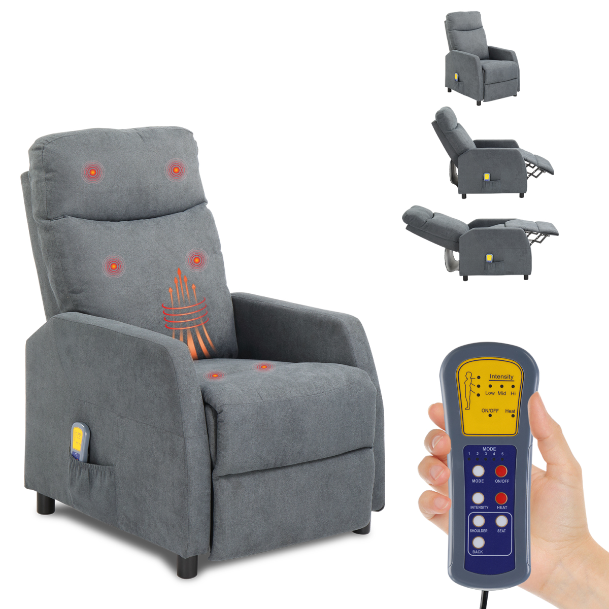 Electric Massage Recliner Chair with 6-Point Vibration & Heat – Home Lounge TV Chair, Light Grey Fabric