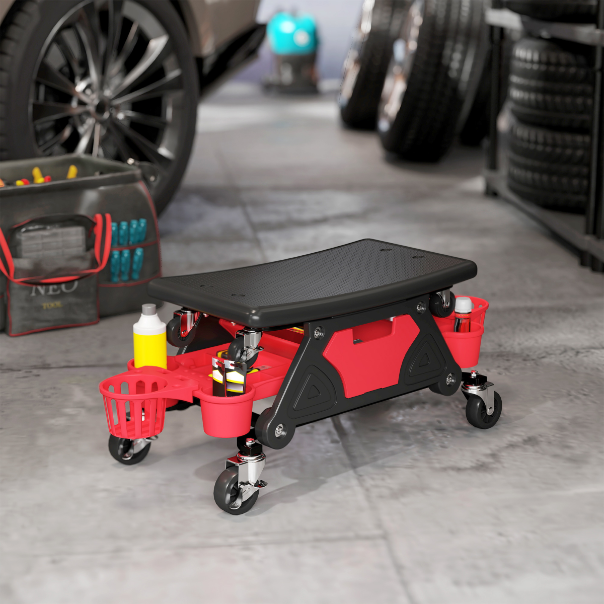 Rolling Mechanic Stool with Detachable Seat, Tool Trays & Storage Drawer – 135kg Capacity Workshop Seat, Red