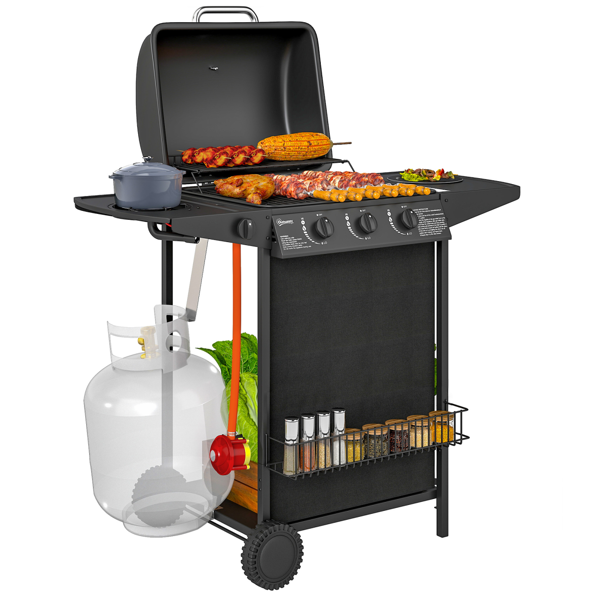 Outsunny 4 Burner Gas Barbecue Grill with Lid, Side Burner and Storage Shelves – Portable Garden BBQ, Black