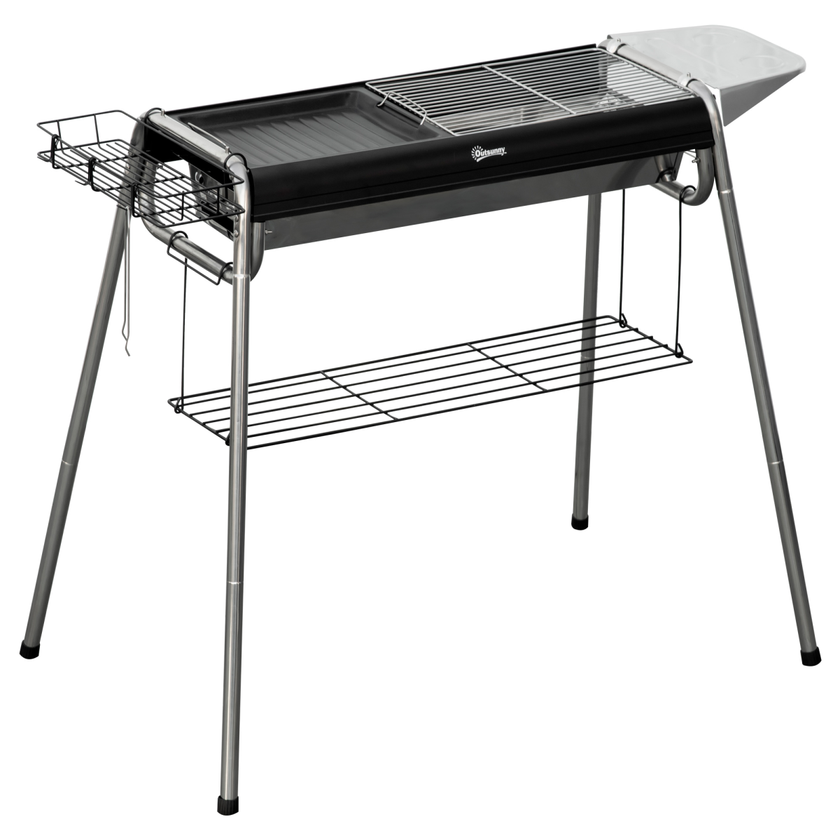 Outsunny Charcoal BBQ Grill with Griddle Plate, Side Basket & Shelves – Portable Camping Barbecue, Black