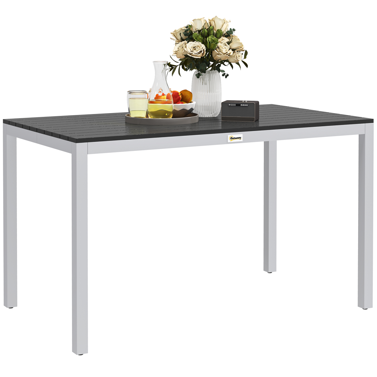 Outsunny Garden Table for 4-6 with Aluminium Frame & Slatted Top, 120 x 70 cm – Outdoor Patio Table, Black