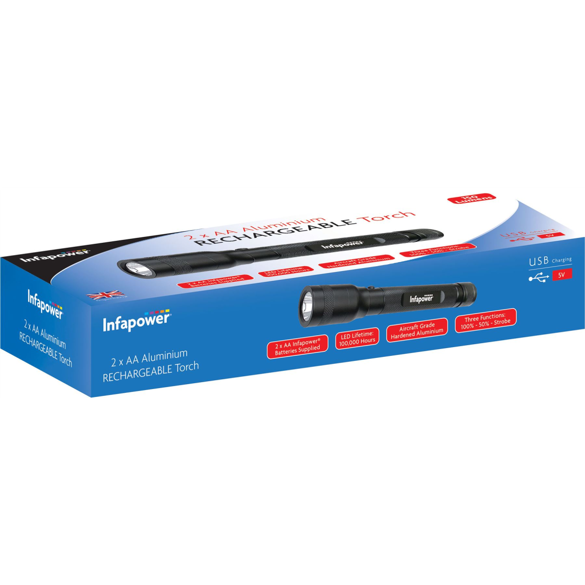 Infapower Rechargeable Aluminium LED Torch 150 Lumens with USB Charging – 2 x AA, Aircraft Grade Hardened Body